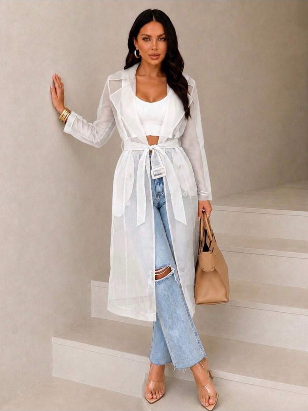 Sheer White Trench Duster Coat